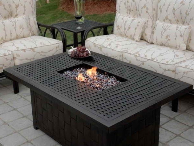 Amazing Patio Ideas Propane Fire Pit Coffe Table With Cream Cushion Patio Rectangular Propane Fire Pit Table