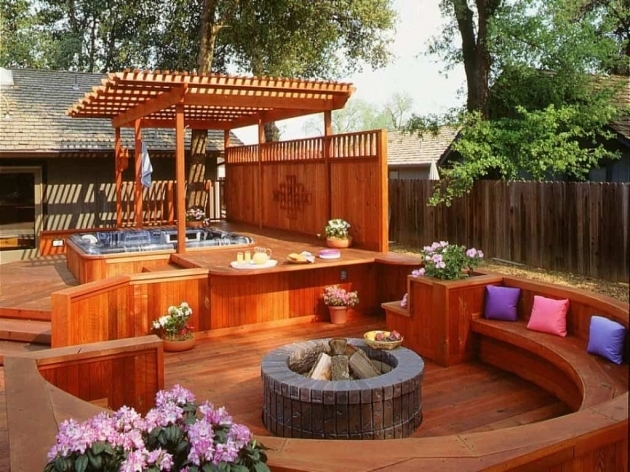 Picture of Wooden Deck With Curved Benches And Fire Pit Warmth Your Outdoor Fire Pit For Wooden Deck